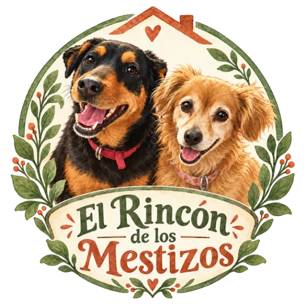 Emblema con los dos perritos homenajeados, rodeados de hojas bajo el techo de un hogar.